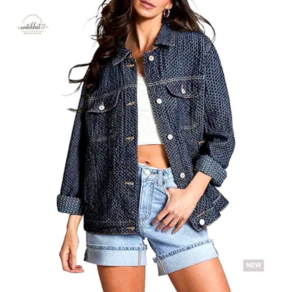 Oversized Boyfriend Denim Jacket Long Sleeve Textured Button Up Tunic Length